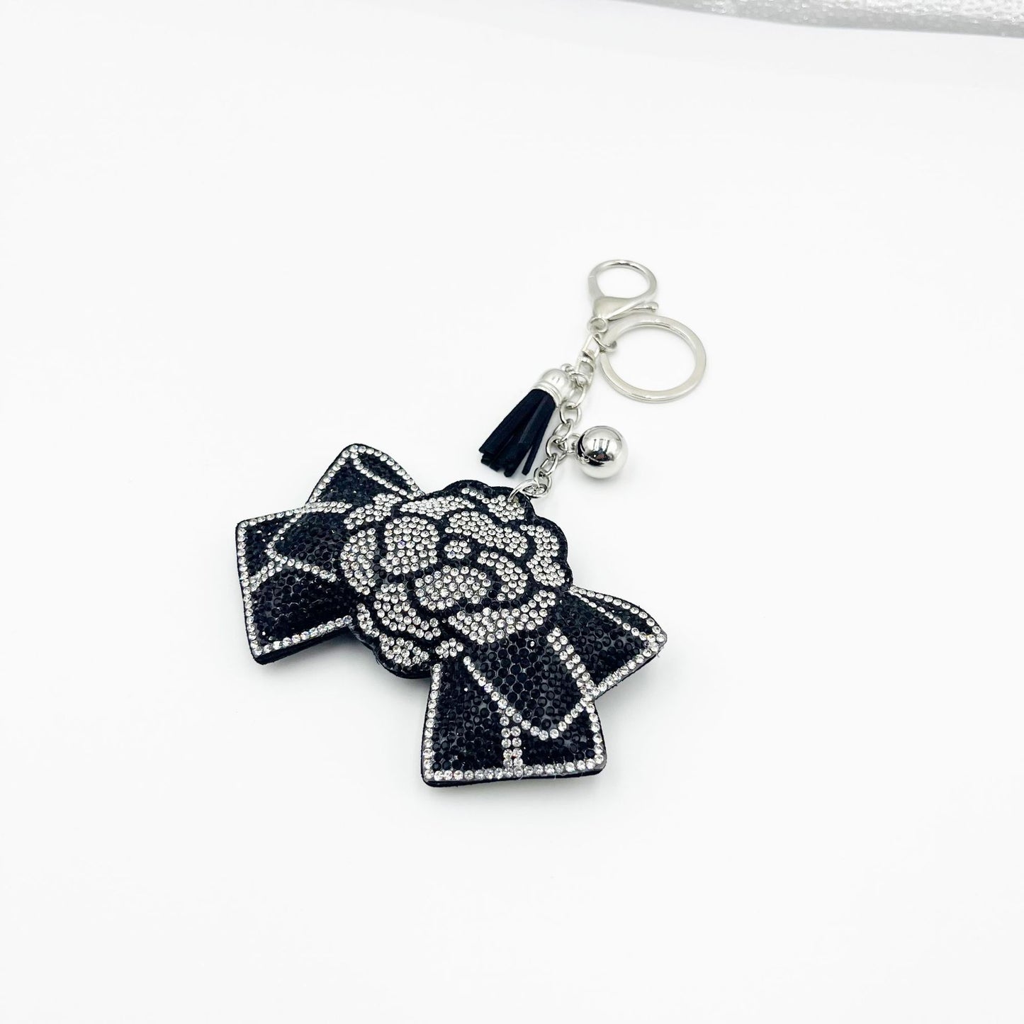 Black Bow Rose Rhinestone Keychain Handbag Charm