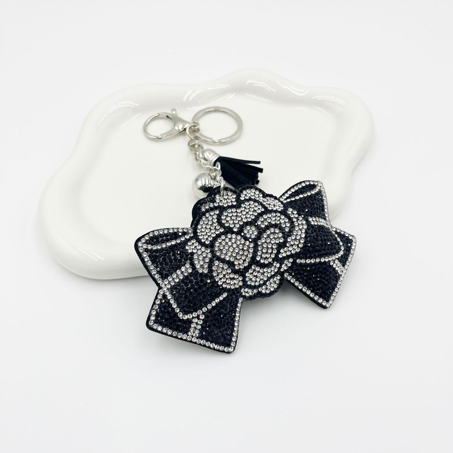 Black Bow Rose Rhinestone Keychain Handbag Charm