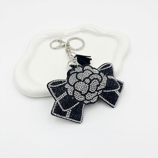 Black Bow Rose Rhinestone Keychain Handbag Charm